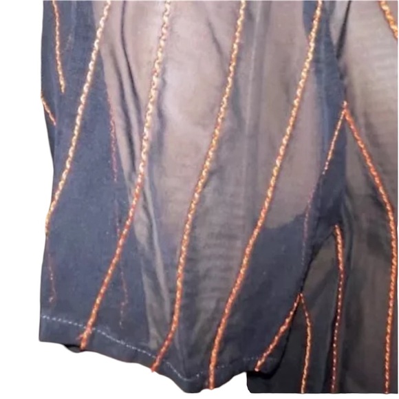 DKNY CHIFFON STRIPED BLOUSE WOMENS SHORT SLEVEE BLACK/ORANGE ROUND NECK SZ LARGE - Picture 5 of 14